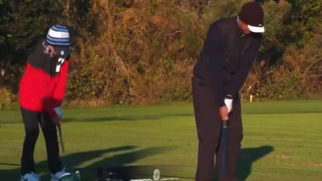 Tiger Woods and Charlie Woods: the TaylorMade clubs in their bags at the PNC