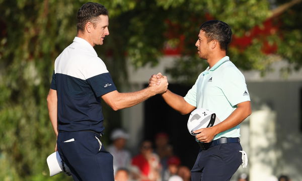 Justin Rose knocks Xander Schauffele's golf ball in the water at WGC-HSBC Champions