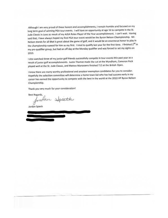 Jordan Spieth's letter aged 16 for a sponsor invite to Byron Nelson, REVEALED...