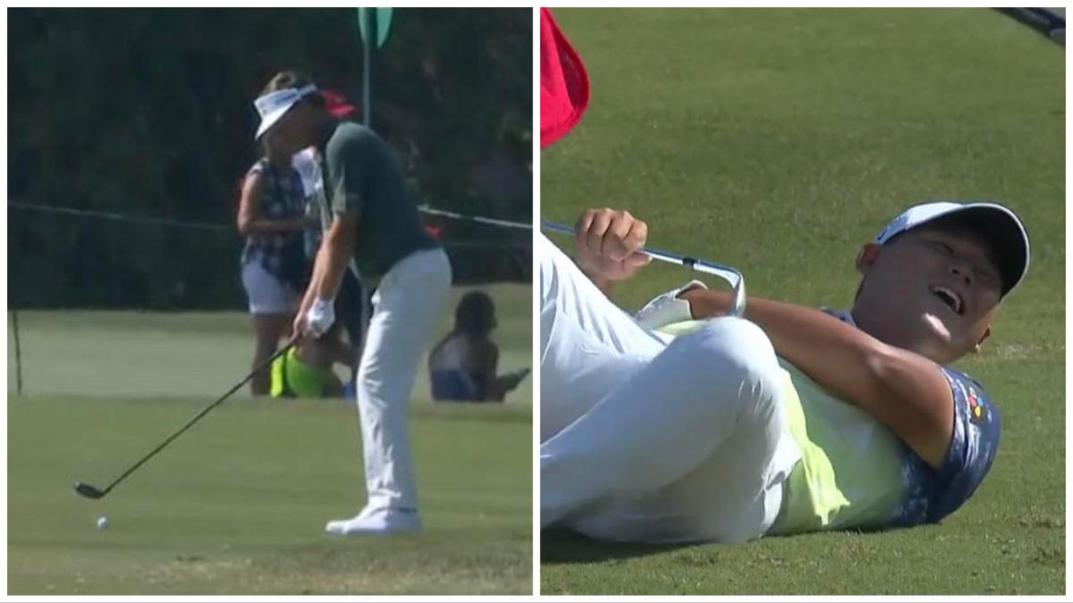 Si Woo Kim ends up on the GROUND after Keith Mitchell's errant shot at US Open!