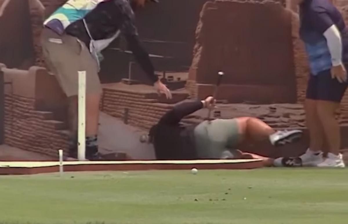 Ladies European Tour player falls over advert board in hilarious footage