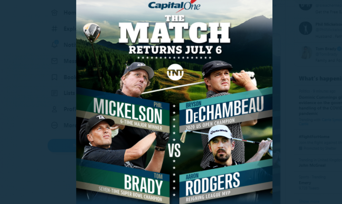 Tuesday, July 6: Phil Mickelson and Tom Brady vs. Bryson DeChambeau and Aaron  Rodgers in Capital One's The Match