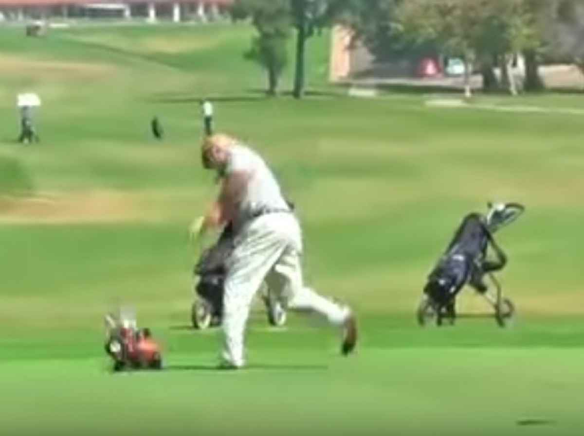 old guys smash remote control car on golf course
