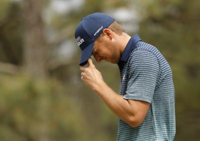 Jordan Spieth reacts to his "VERY LUCKY" eagle during Masters opening round
