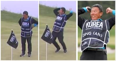 LOOK AT HIM GO! Watch this caddie (and dad) of amateur give it large for his son