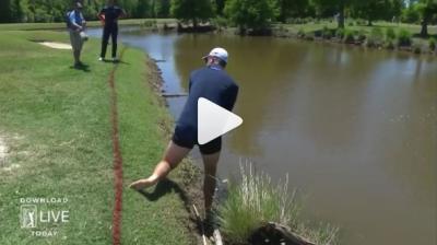 Justin Rose strips down to his pants to play shot from water 