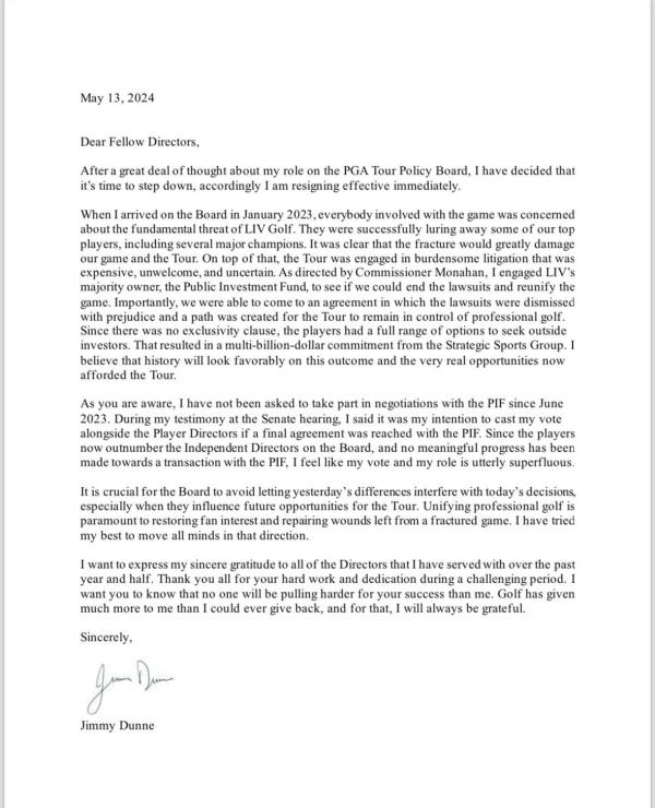 Jimmy Dunne's resignation letter