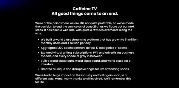 Caffeine TV confirmed it has now shut down