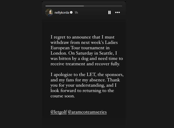 Korda posted her news on Instagram Story