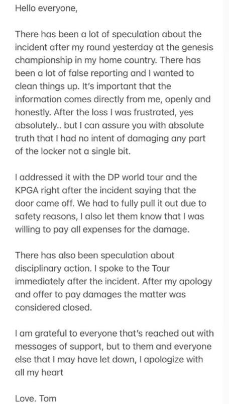 Tom Kim's statement