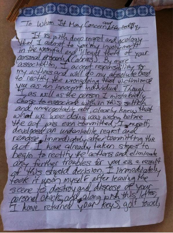 Golf thief's letter of apology