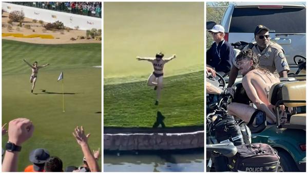 Phoenix Open STREAKER does flag pole dance, runs from cops then jumps into water