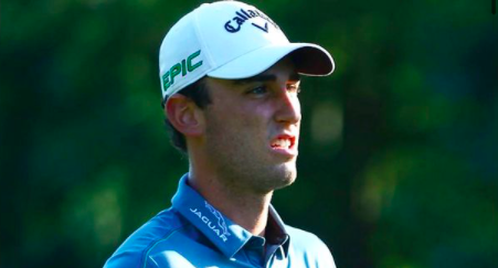 Renato Paratore hits his ball in spectator's bag at Omega European Masters
