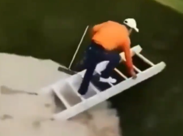 Golfer gets a LADDER to play his shot from the bunker