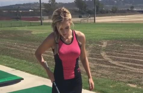 WATCH: Paige Spiranac trick shot ends up with golf ball going up skirt