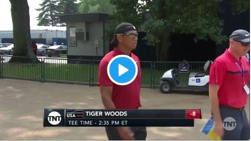 WATCH: Tiger strolls into US PGA final day with shades on and cap back
