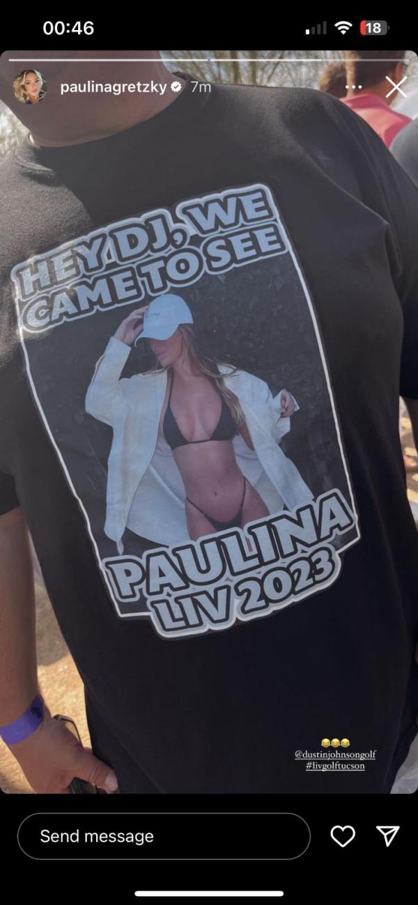 Dustin Johnson's wife Paulina Gretzky meets fan wearing simply hilarious T-Shirt
