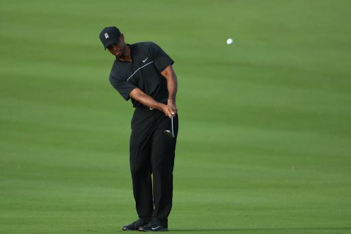 Tiger Woods back pitching on a golf course again