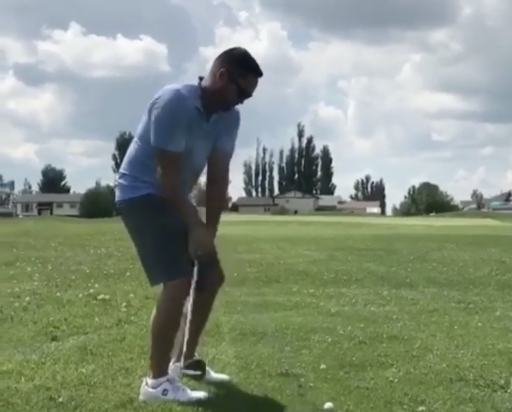 Watch: golfer shanks, hits cart, ricochets into head. 