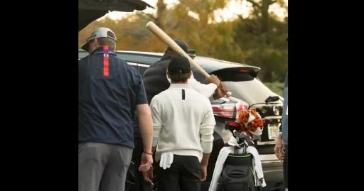 Tiger Woods swings BASEBALL BAT in car park as Charlie Woods walks with a LIMP