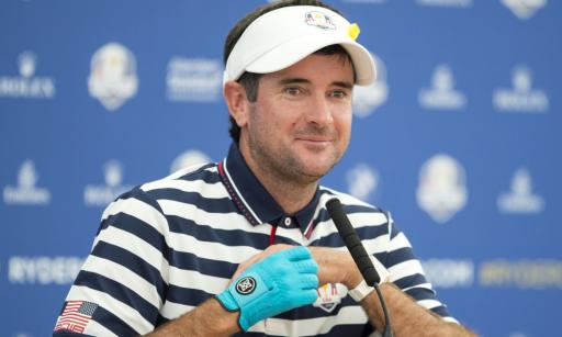 Bubba Watson wears blue glove during press conference at Ryder Cup