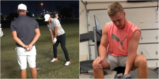 DeChambeau pumps iron and CALLS OUT Koepka who is hard at work under the lights