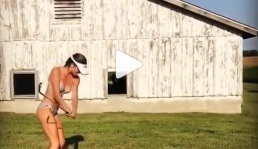 Lady golfer chips through window, rips drive in heels, performs awesome trick shot