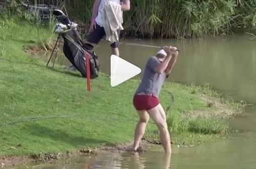 james heath plays golf shot from water in boxers