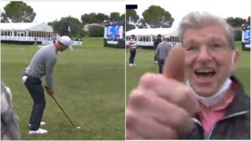 Martin Kaymer CHIPS IN at 18 as golf fan GIVES IT LARGE in front of the camera!