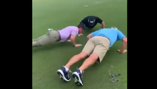 Rory McIlroy, Gary Player and Brad Faxon do push ups at The Bear&#039;s Club