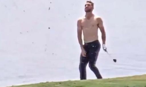 WATCH: Tour pro makes eagle two from the water without his shirt on!