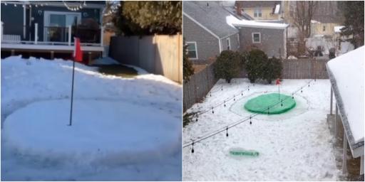 Group of golf fanatics create their own golf hole out of SNOW in awesome clip