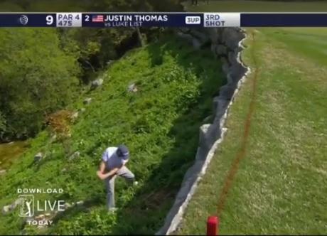 Justin Thomas plays a shot out of a bush, and still gets some spin! 