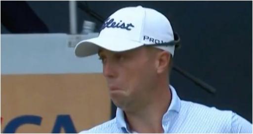 Justin Thomas reacts to being announced as Justin Thompson at US Open