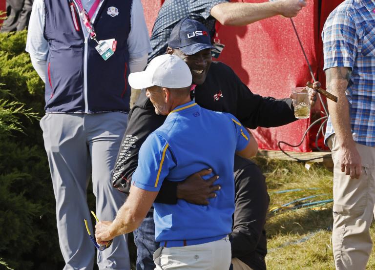 Michael Jordan reacts in style to CLUTCH Dustin Johnson putt at the Ryder Cup