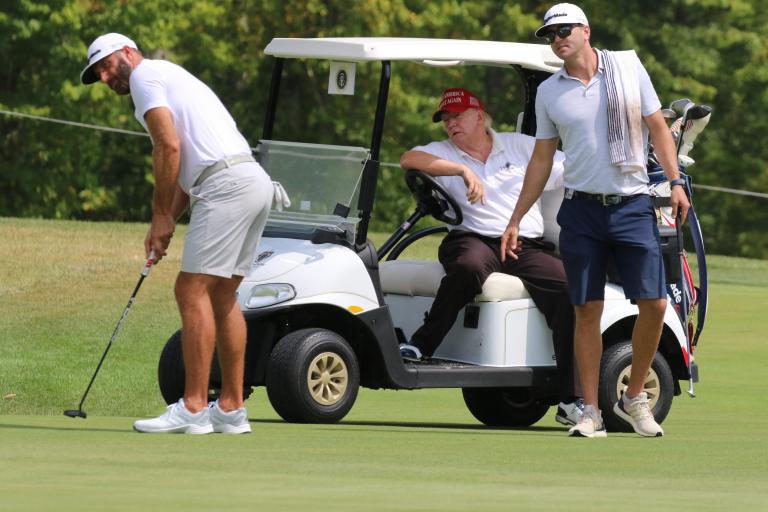 Dustin Johnson reacts after Donald Trump rocks up late to LIV Golf tee time