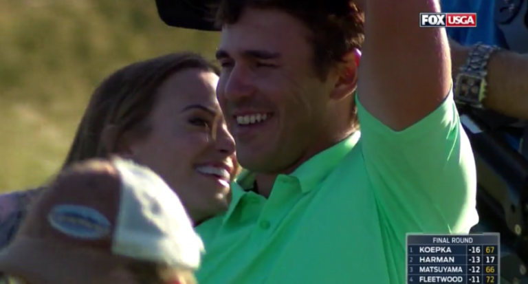 Lady golf fan runs in to hug Brooks Koepka, gets instantly rejected!