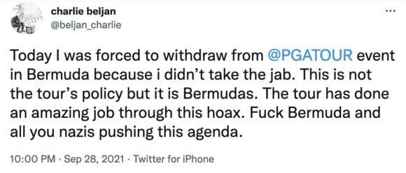 PGA Tour pro hits out at Covid19 "vaccine nazis", then promptly deletes Tweet