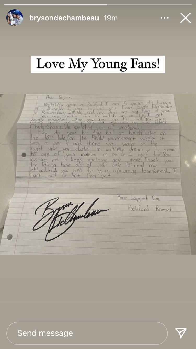 Bryson DeChambeau responds to letter sent in by his BIGGEST YOUNG FAN