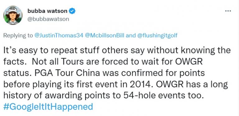 LIV's Bubba Watson hits back at JT over OWGR claim: "Google it!"