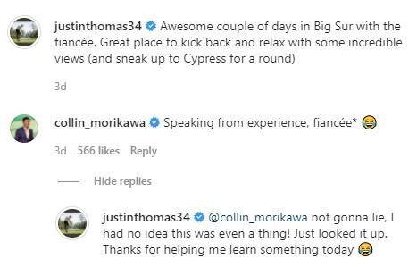 Justin Thomas taught valuable lesson from Collin Morikawa about "fiancée"