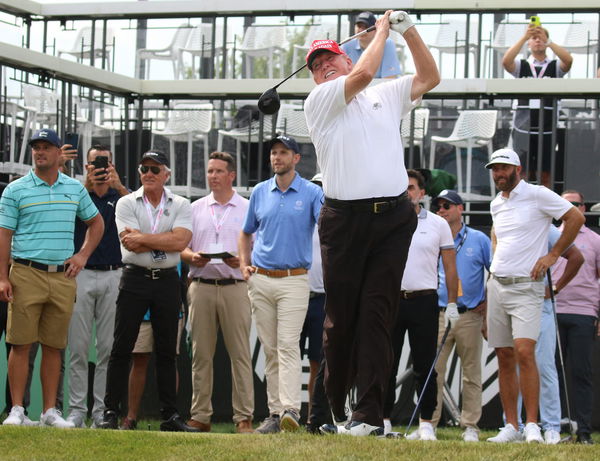 Dustin Johnson reacts after Donald Trump rocks up late to LIV Golf tee time