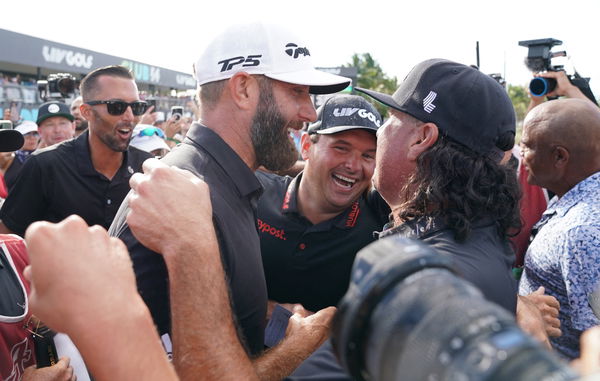 LIV Golf team champion Pat Perez receives congratulations from PGA Tour stars