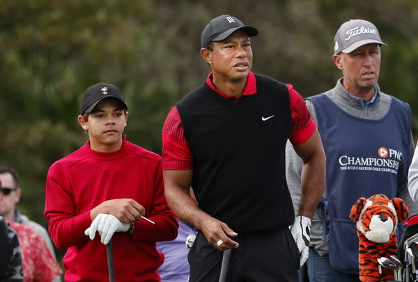 Stunned Tiger Woods shakes his head after Charlie inadvertently trolls him