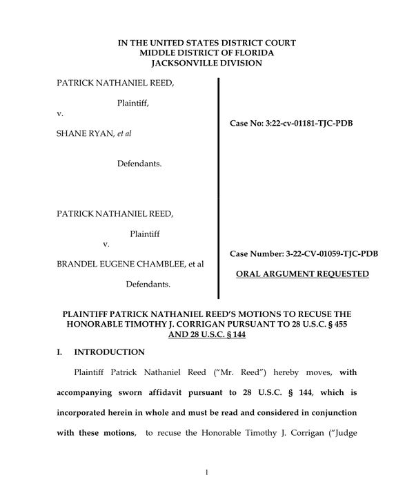 Patrick Reed files motion to recuse federal judge that denied his 55 claims