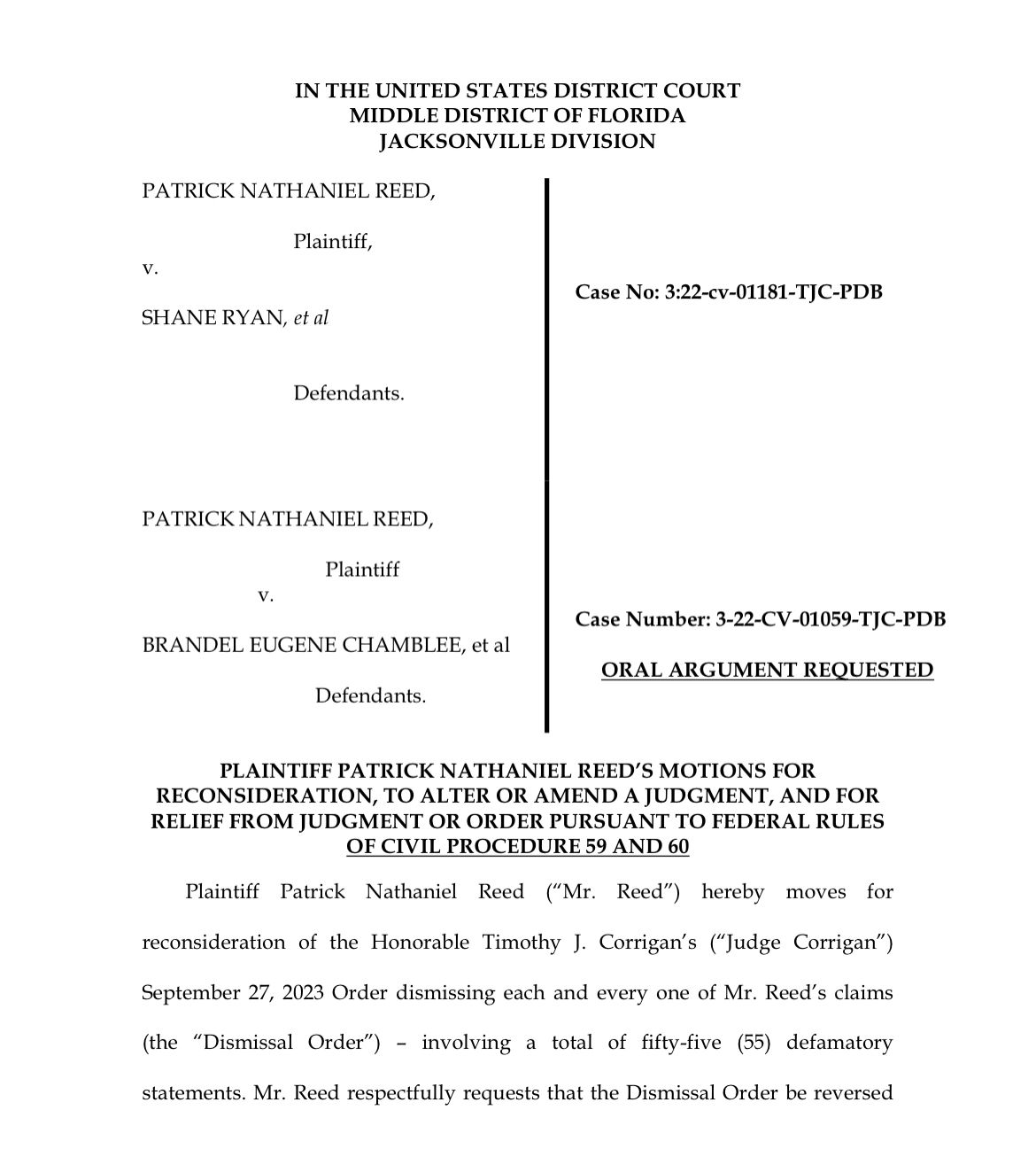 Patrick Reed files motion to recuse federal judge that denied his 55 claims