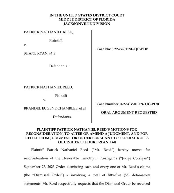 Patrick Reed files motion to recuse federal judge that denied his 55 claims