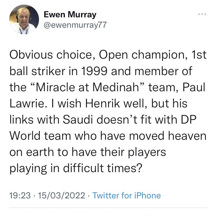Sky Sports Golf pundit BAFFLED by Stenson Ryder Cup captaincy due to Saudi links