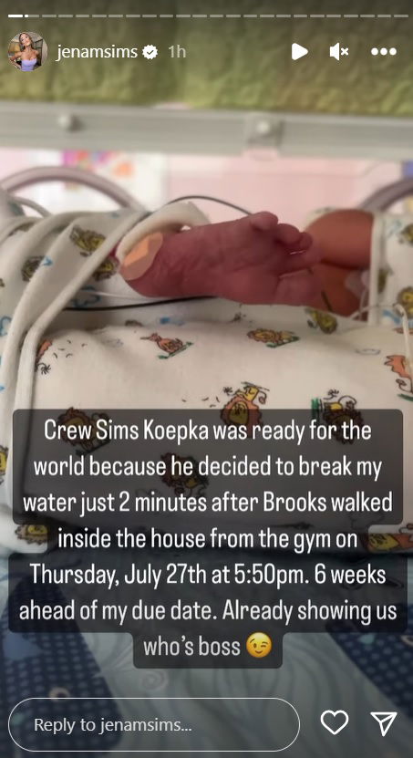 Brooks Koepka and Jena Sims' baby boy in NICU after being born six weeks early