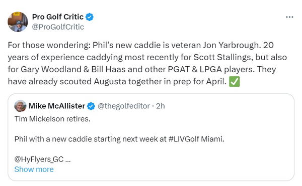 Phil Mickelson's new caddie confirmed ahead of next LIV Golf event and Masters